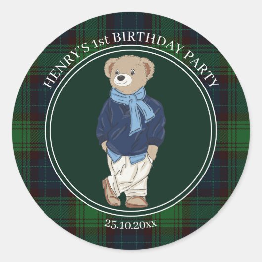 Beary first teddy bear green plaid birthday favor runder aufkleber (Vorderseite)