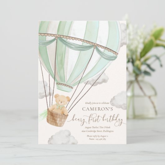 Beary First Teddy Bear Hot Air Ballon Birthday Einladung (Stehend Vorderseite)