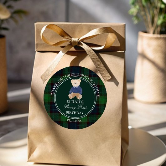 Beary first teddy gebären grün kariert Geburtstags Runder Aufkleber