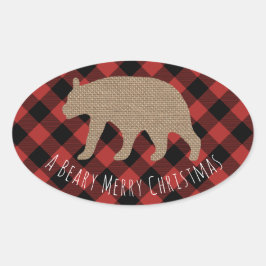 Beary Frohe Weihnachten Kariert Burlap Bär Ovaler Aufkleber