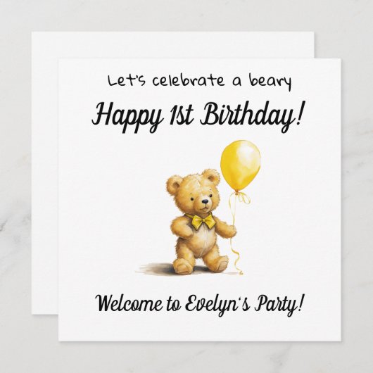 Beary Happy 1. Geburtstag Party, Einladung (Vorne/Hinten)