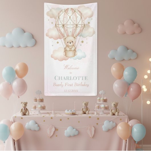 Beary Hot Air Balloon 1st Birthday Welcome Poster
