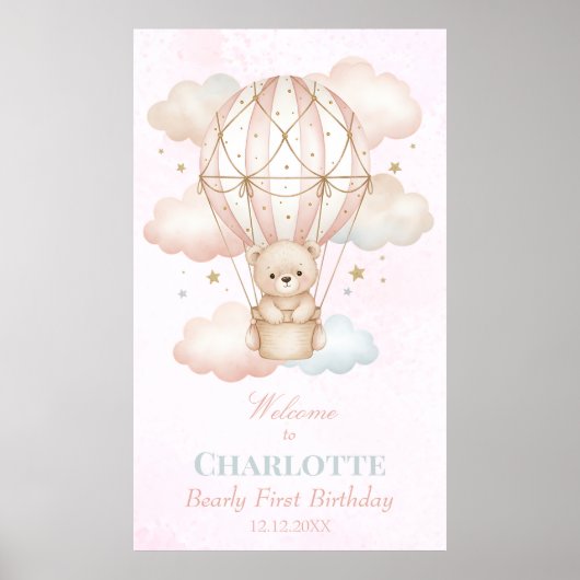 Beary Hot Air Balloon 1st Birthday Welcome Poster (Vorne)