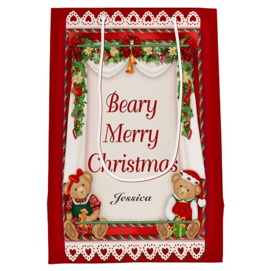Beary Merry Christmas - Name anpassen Mittlere Geschenktüte (Rückseite)