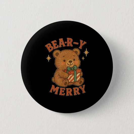 Beary Merry Cute Retro Christmas Bear Gift Box Vin Button (Vorderseite)