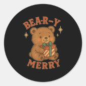 Beary Merry Cute Retro Christmas Bear Gift Box Vin Runder Aufkleber (Vorderseite)