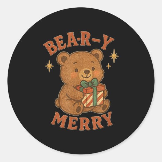 Beary Merry Cute Retro Christmas Bear Gift Box Vin Runder Aufkleber (Vorderseite)
