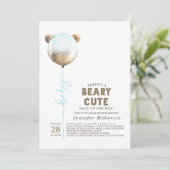 Beary Niedlich Blue Balloon Teddy Bear Baby Dusche Einladung (Stehend Vorderseite)