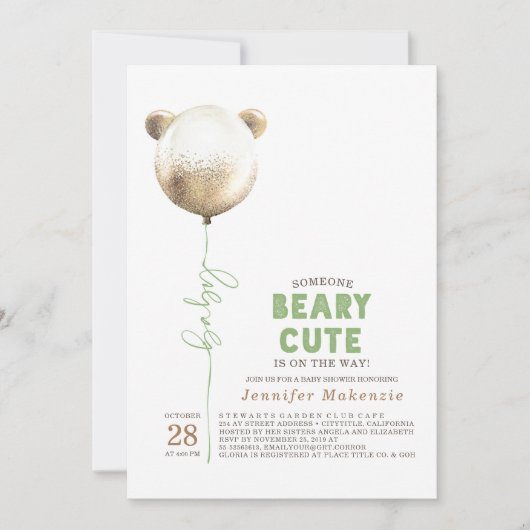 Beary Niedlich Gold Ballon Teddy Bear Baby Dusche Einladung (Vorderseite)