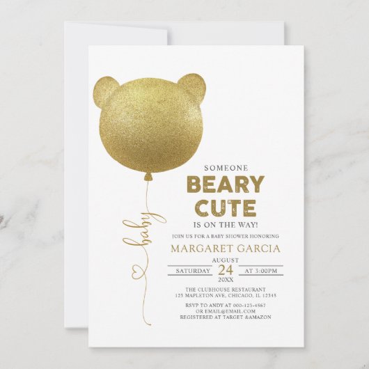 Beary Niedlich Gold Ballon Teddy Bear Baby Dusche Einladung (Vorderseite)