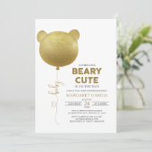 Beary Niedlich Gold Ballon Teddy Bear Baby Dusche Einladung (Stehend Vorderseite)