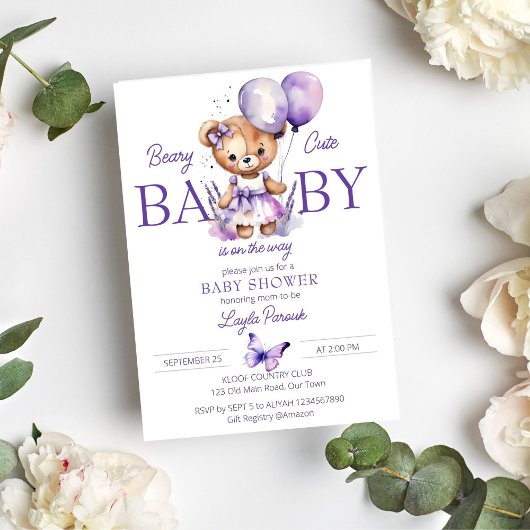 Beary niedlich Teddy Bär lila Lavendel Babydusche Einladung