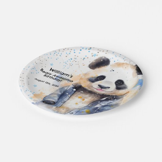 Beary Phantastisch Boys Watercolor Panda Geburtsta Pappteller (Schrägansicht)