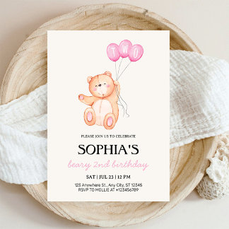 Beary Pink Balloon 2nd Birthday Teddy Einladung