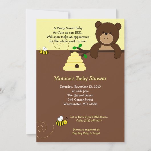Beary Sweet Bear & Bee Baby Shower Einladung (Vorderseite)