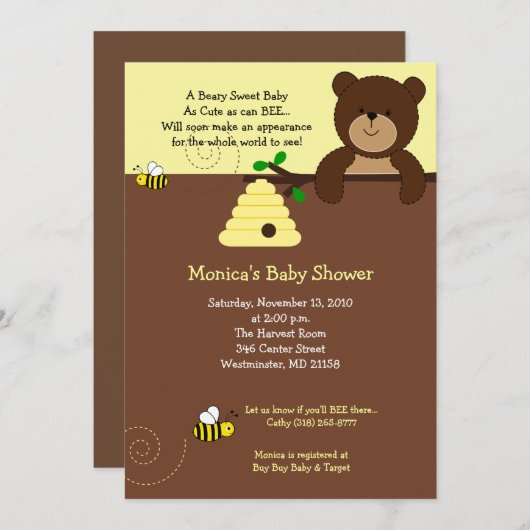 Beary Sweet Bear & Bee Baby Shower Einladung (Vorne/Hinten)