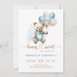Beary Sweet Boy 1. Geburtstag Teddy Bear Blue Brow Einladung