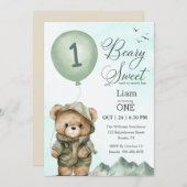 Beary Sweet Einladung zum ersten Geburtstag | (Vorne/Hinten)