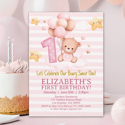 Beary Sweet First Birthday | Pink Boho Bear Girl Einladung
