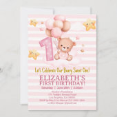 Beary Sweet First Birthday | Pink Boho Bear Girl Einladung (Vorderseite)