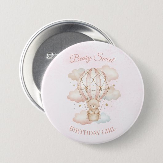 Beary Sweet Heißluftballon Geburtstag Button (Vorne & Hinten)