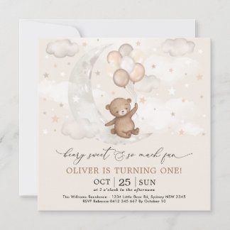 Beary Sweet Moon & Stars Teddy Bear 1. Geburtstag Einladung