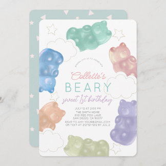 Beary Sweet Pastel Gummy Bear Girl 1. Geburtstag Einladung