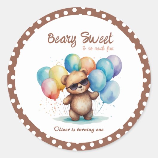 Beary Sweet Teddy Bär mit Brille und Ballon Runder Aufkleber (Vorderseite)