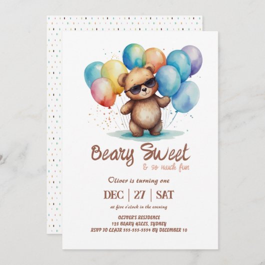 Beary Sweet Teddy mit Brillen und Ballons Einladung (Vorne/Hinten)