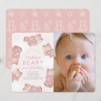 Beary Wait Pink Gummy Bear Girl 1. Geburtstag Einladung