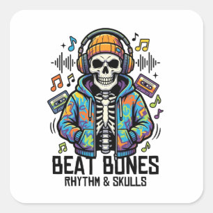 Beat Bones Rhythm & Skulls Cool Music Skelett Quadratischer Aufkleber