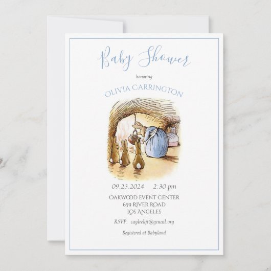 Beatrix Potter Blue Bunny Baby Dusche Einladung (Vorderseite)