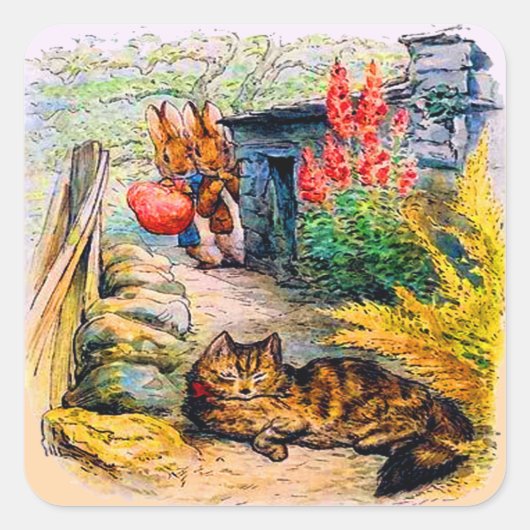 Beatrix Potter - Bunnies sieht sich die Katze an Quadratischer Aufkleber (Vorderseite)