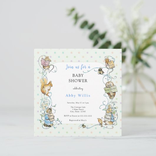 Beatrix Potter Peter der Rabbit Baby Dusche Einladung (Stehend Vorderseite)