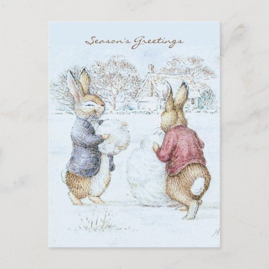 Beatrix Potter Snowman und Bunnies Holiday Postkarte (Vorderseite)