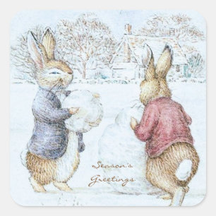 Beatrix Potter Snowman und Bunnies Holiday Quadratischer Aufkleber