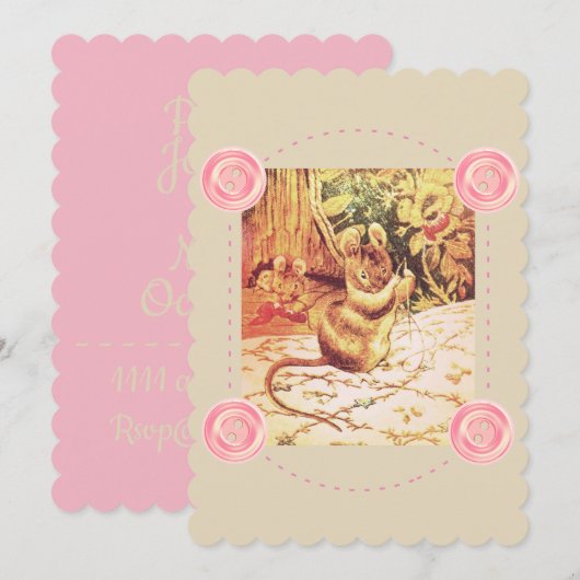 Beatrix Töpfermaus niedliches Vintages Nähen pink Einladung (Vorne/Hinten)