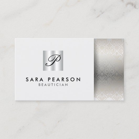 Beautician Elegant Silver Monogram Damask Visitenkarte (Vorderseite)