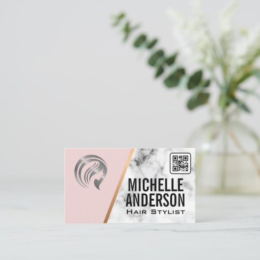 Beautician | QR-Code | Rosa | Marmor Visitenkarte (Stehend Vorderseite)
