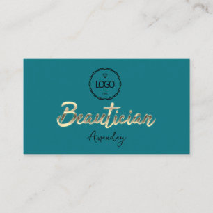 Beautician Script Gold QRCode Logo Aquamarin Visitenkarte