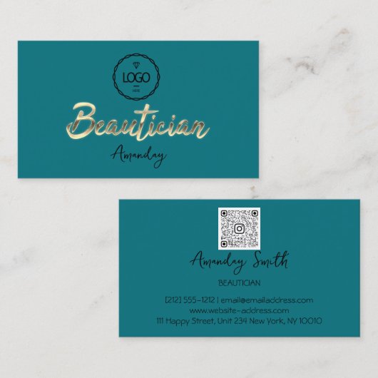 Beautician Script Gold QRCode Logo Aquamarin Visitenkarte (Vorne/Hinten)