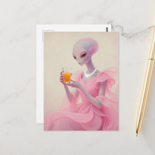 Beautiful Alien Lady in Pink With Orange Juice Postkarte (Vorderseite/Rückseite Beispiel)