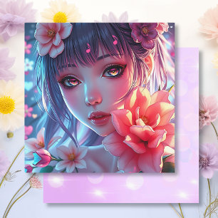 Beautiful Anime Girl Glitchcore Floral Karte