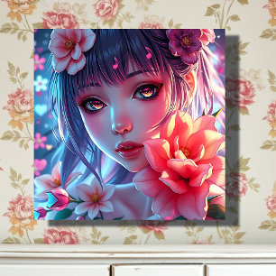 Beautiful Anime Girl Glitchcore Floral Leinwanddruck