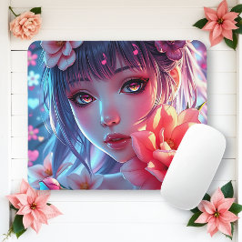 Beautiful Anime Girl Glitchcore Floral Mousepad