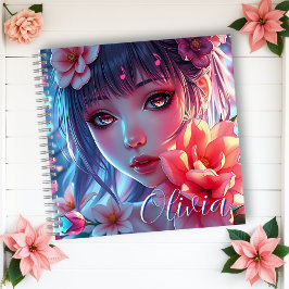 Beautiful Anime Girl Glitchcore Floral Notizblock