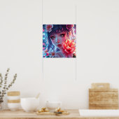 Beautiful Anime Girl Glitchcore Floral Poster (Küche)