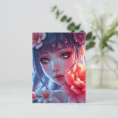 Beautiful Anime Girl Glitchcore Floral Postkarte (Stehend Vorderseite)