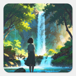 Beautiful Anime Waterfall Illustration Quadratischer Aufkleber