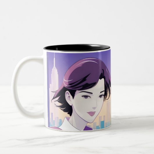Beautiful Anime Woman New York City Style Zweifarbige Tasse (Links)